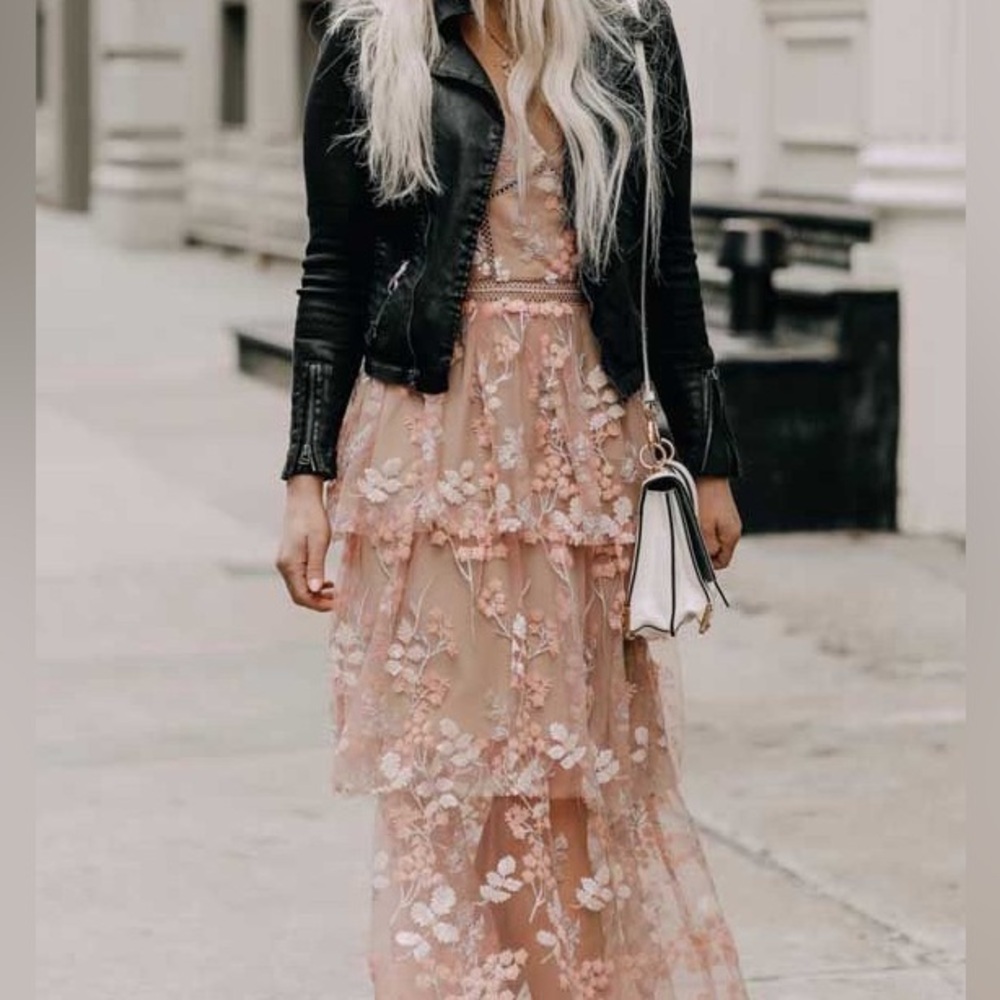 Pink Lace Overlay Dress embroidered with ruffled sleeves sheer - Picture 16 of 16